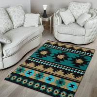 Aztec area rug in teal and tan with black zigzags and turquoise diamond band