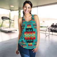 Teal racerback tank with multicolor Native American geometric pattern, athletic fit