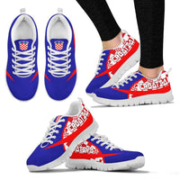 Croatia sneakers pair with white sole: blue/red uppers and lace-up front