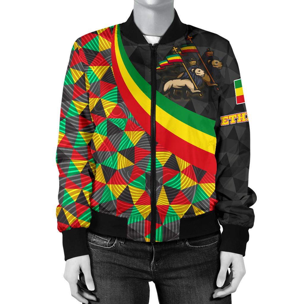 Black bomber jacket with full front zipper and Ethiopian flag stripe center panel