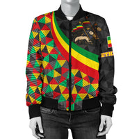 Black bomber jacket with full front zipper and Ethiopian flag stripe center panel