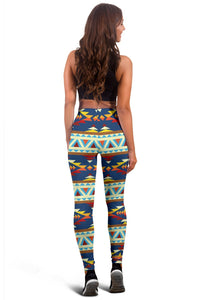Women's leggings in colorful tribal geometric pattern, back view full length