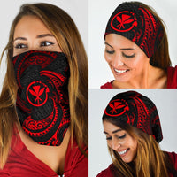 Red tribal wave bandana on head and face, black fabric with bold red Polynesian-style emblem