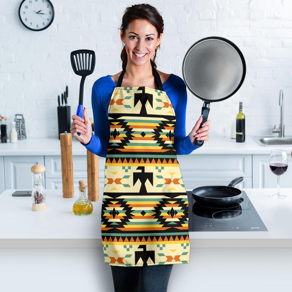 Native American apron with black ties, colorful geometric thunderbird motif on yellow ground