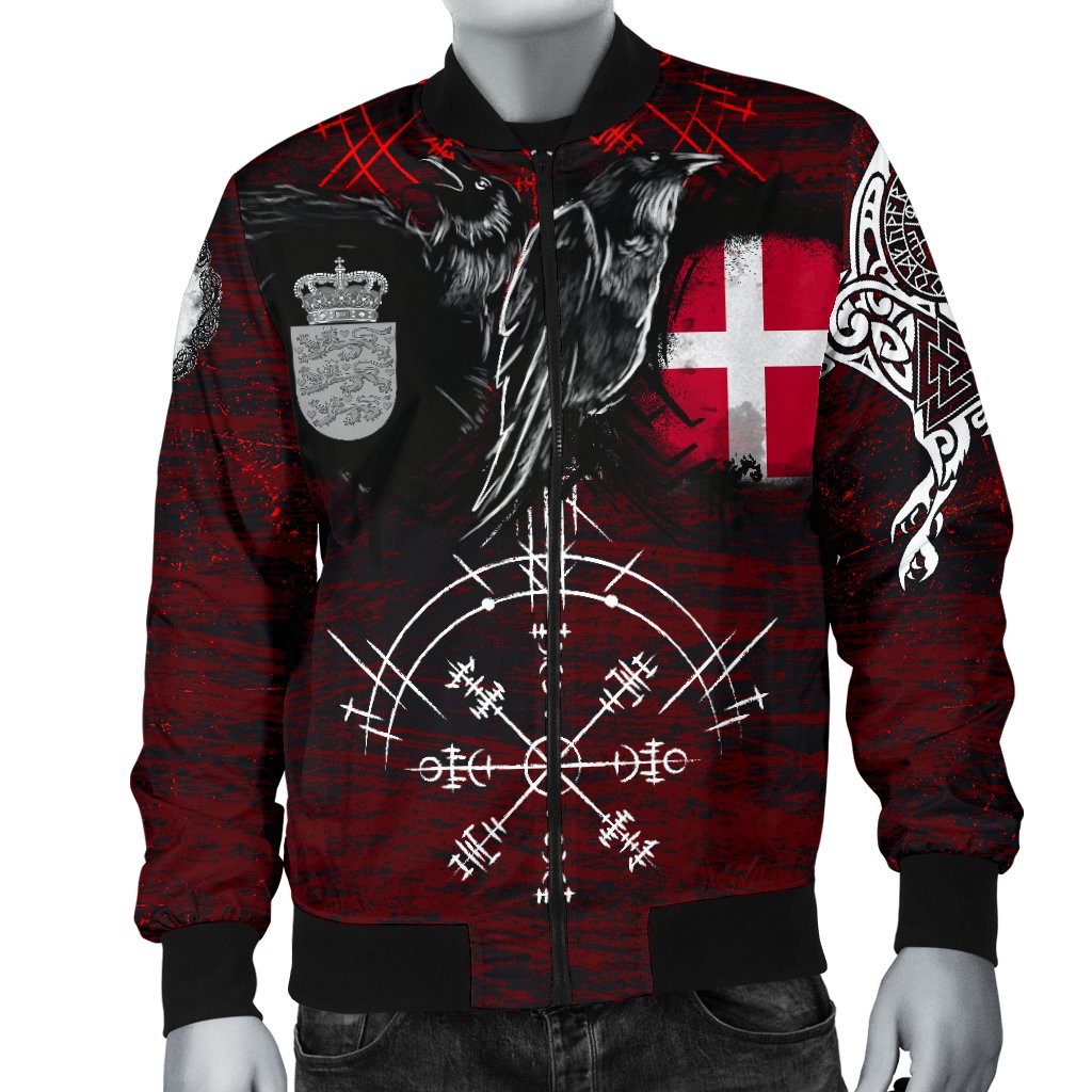 Viking Bomber Jacket Denmark Raven Of Odin and Symbol Viking On Blood Background RLT12 - Wonder Print Shop