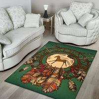 Green horse pride area rug with circular dreamcatcher and colorful feather artwork