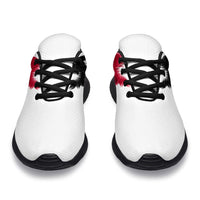 White sneakers with Haiti flag wing print on heel; black laces and black-trimmed sole