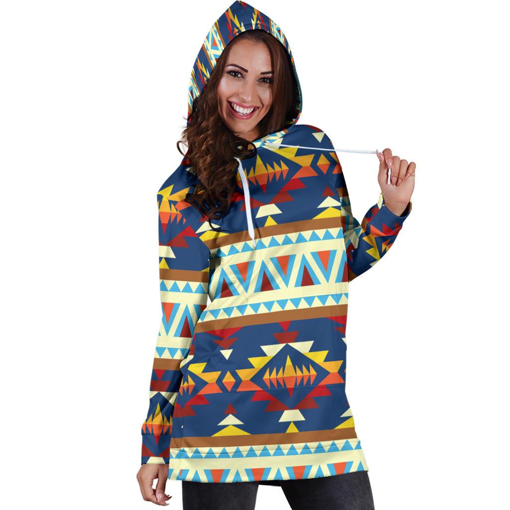 Multicolor geometric print hoodie dress, hooded pullover with long sleeves