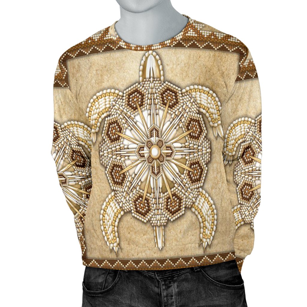 Tan 3D beaded sweatshirt front view with central flower starburst and Native-style borders