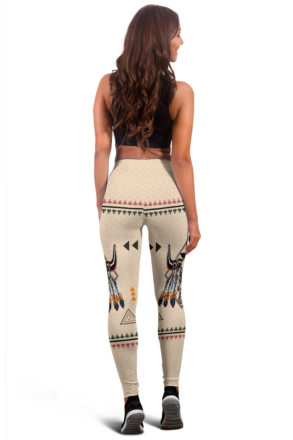 Women's leggings light tan with multicolor geometric bands and bison head motif
