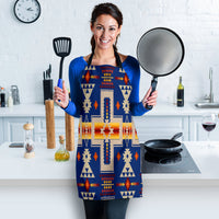 Front view of blue apron with multicolor geometric tribal pattern and black straps