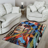 Multicolor area rug with full portrait artwork in bright blue, orange, red, and black