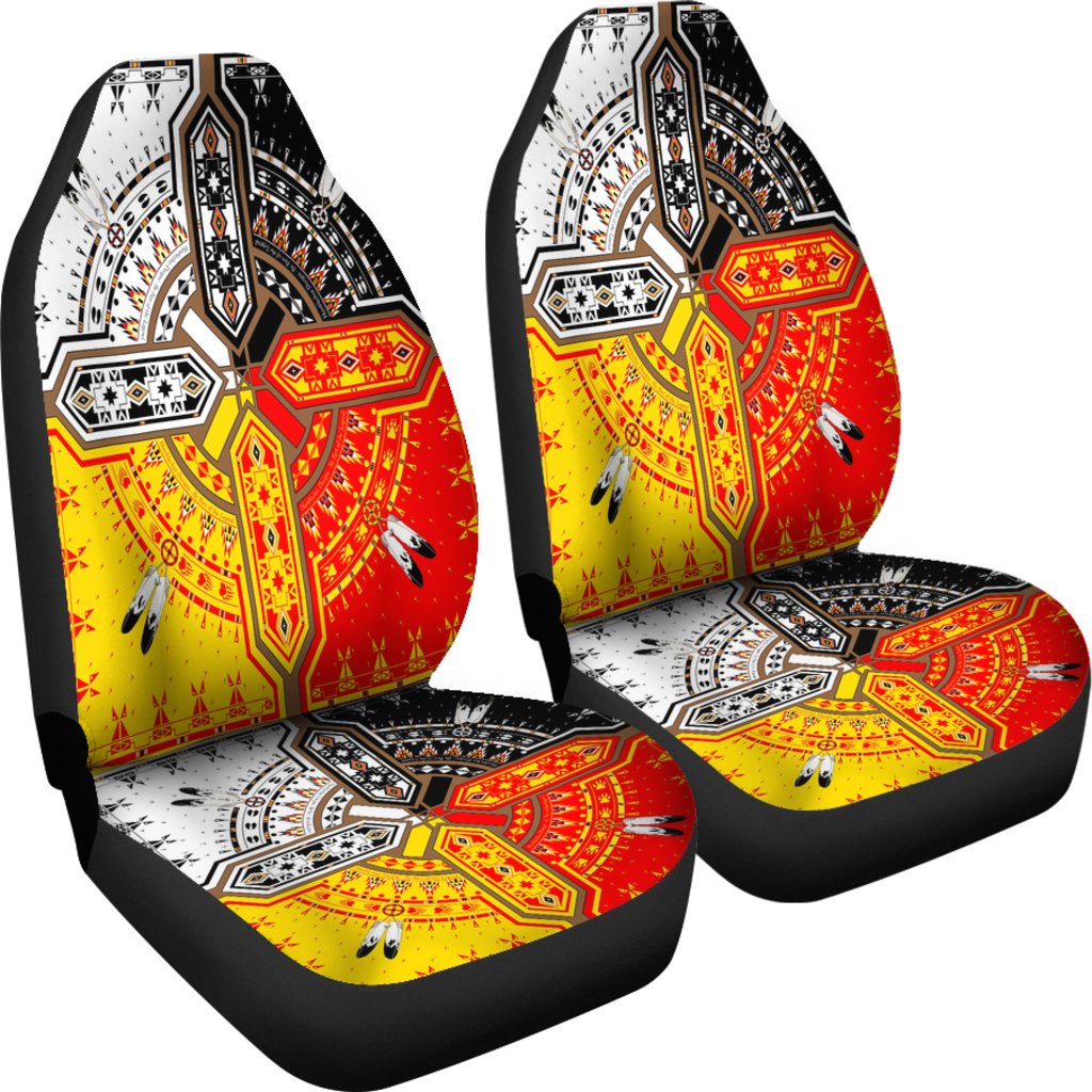 Two multicolor front seat covers with bold geometric bands and medicine wheel center design
