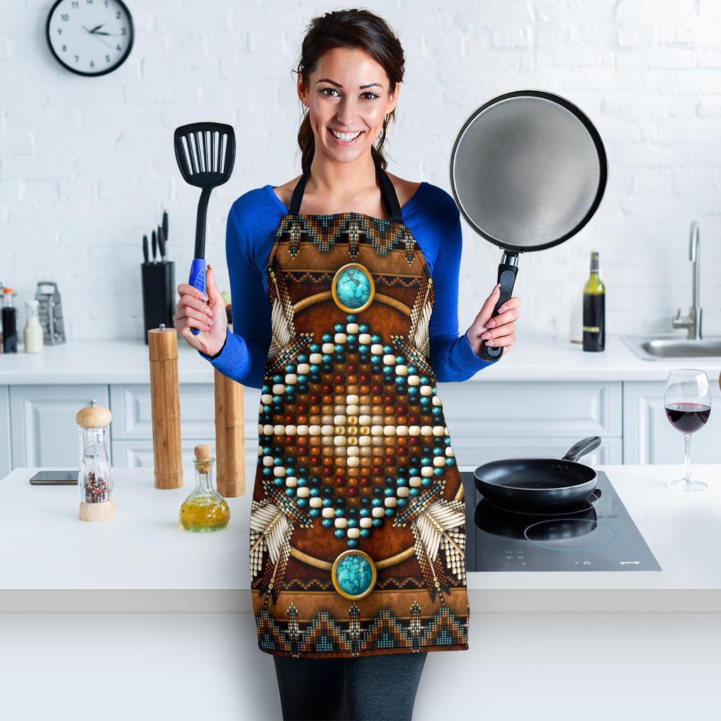 Turquoise medallion brown apron, scalloped bottom and geometric Native-inspired beadwork
