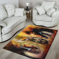 Warm multicolor area rug with wolf and Native woman artwork, rectangular layout.