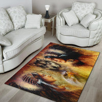 Wolf portrait area rug with two faces and headdress, warm gold and dark brown