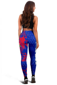Back view Haiti national flag leggings with blue geometric triangles and red accents