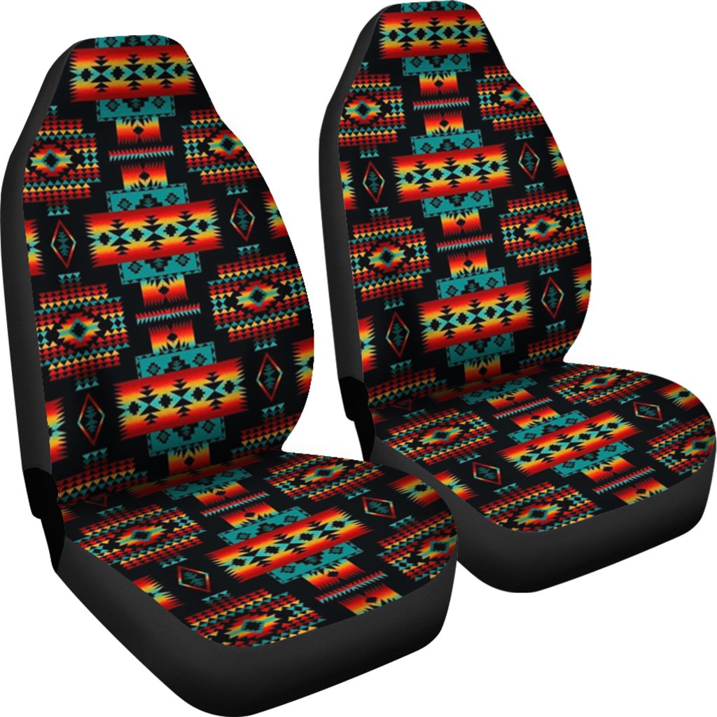 Two-piece car seat cover set: multicolor Navajo pattern with black contoured bases