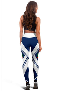 Back view Dominican leggings: navy and white geometric pattern, full-length stretch fit