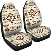 Pair of car seat covers with cream-white fabric, multicolor geometric triangle and arrow pattern