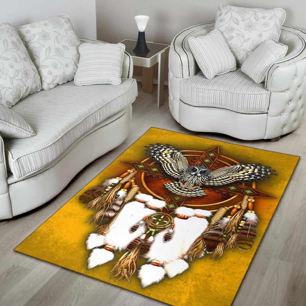 Yellow owl dreamcatcher area rug with white feathers, brown oval ring, and colorful accents