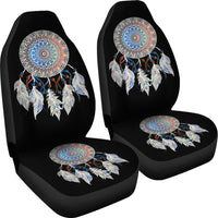 Pair of black front car seat covers with blue mandala dreamcatcher on back and seat