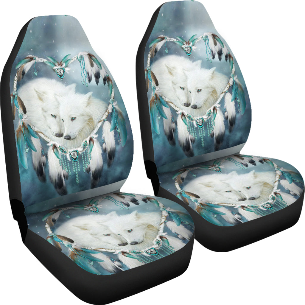 Two-piece turquoise wolf seat cover set, white wolves with teal dreamcatcher details