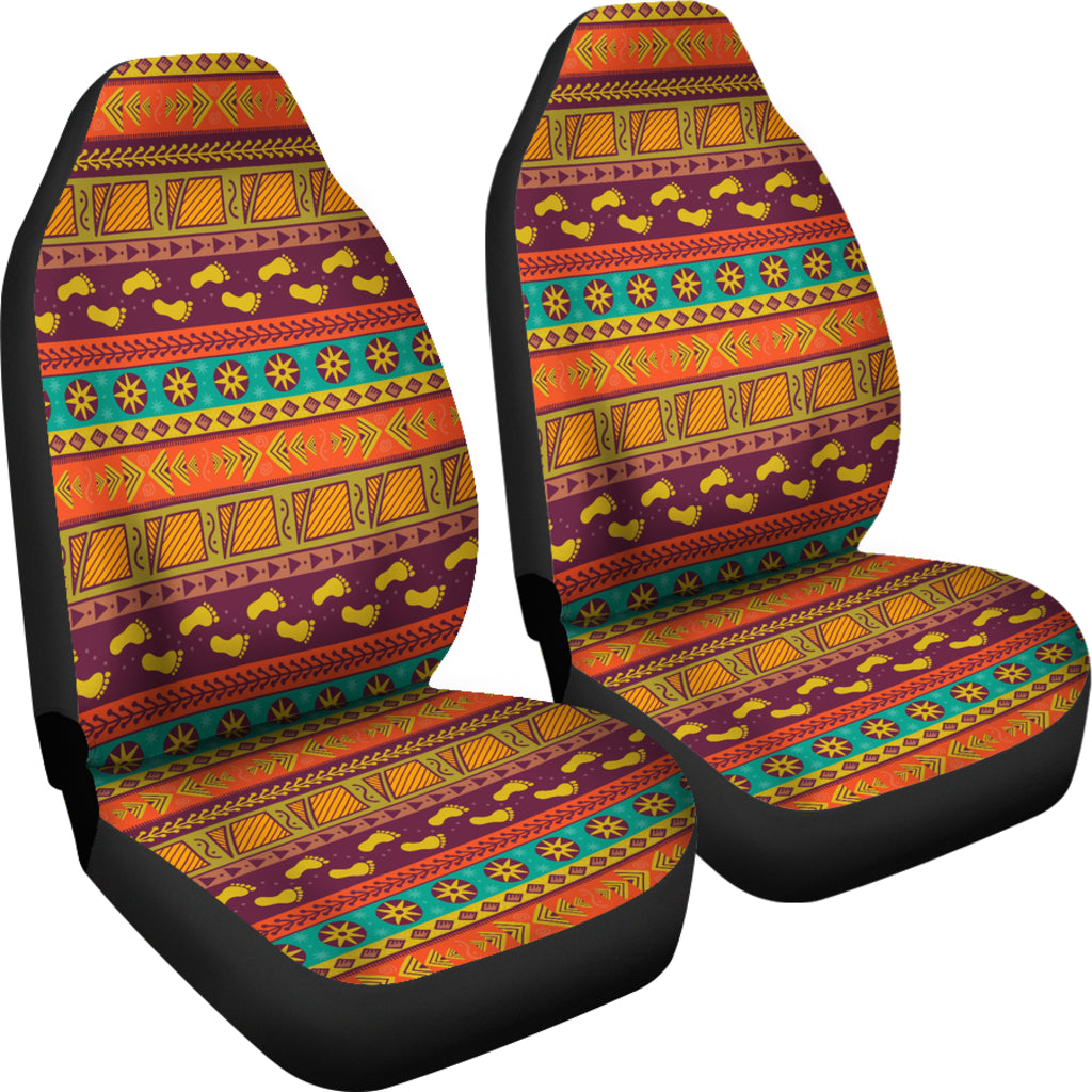 Two front seat covers with bold multicolor tribal pattern and dark side panels