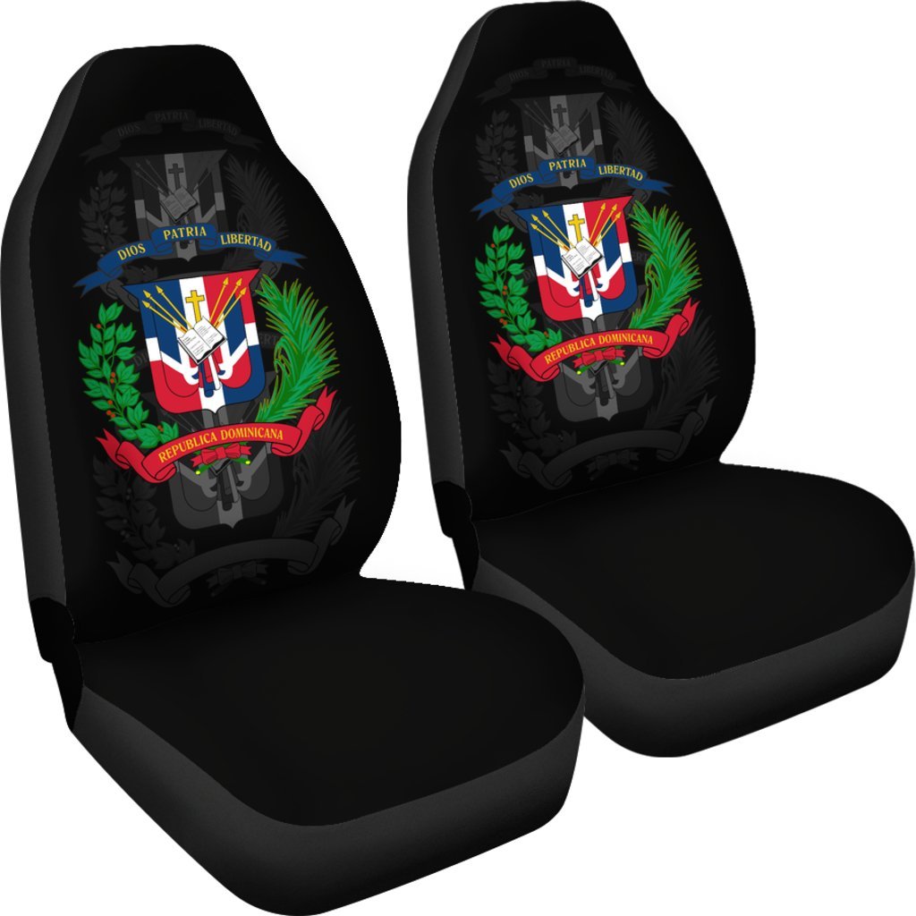 Pair of black seat covers with Dominican Republic banner emblem, plain seat cushions