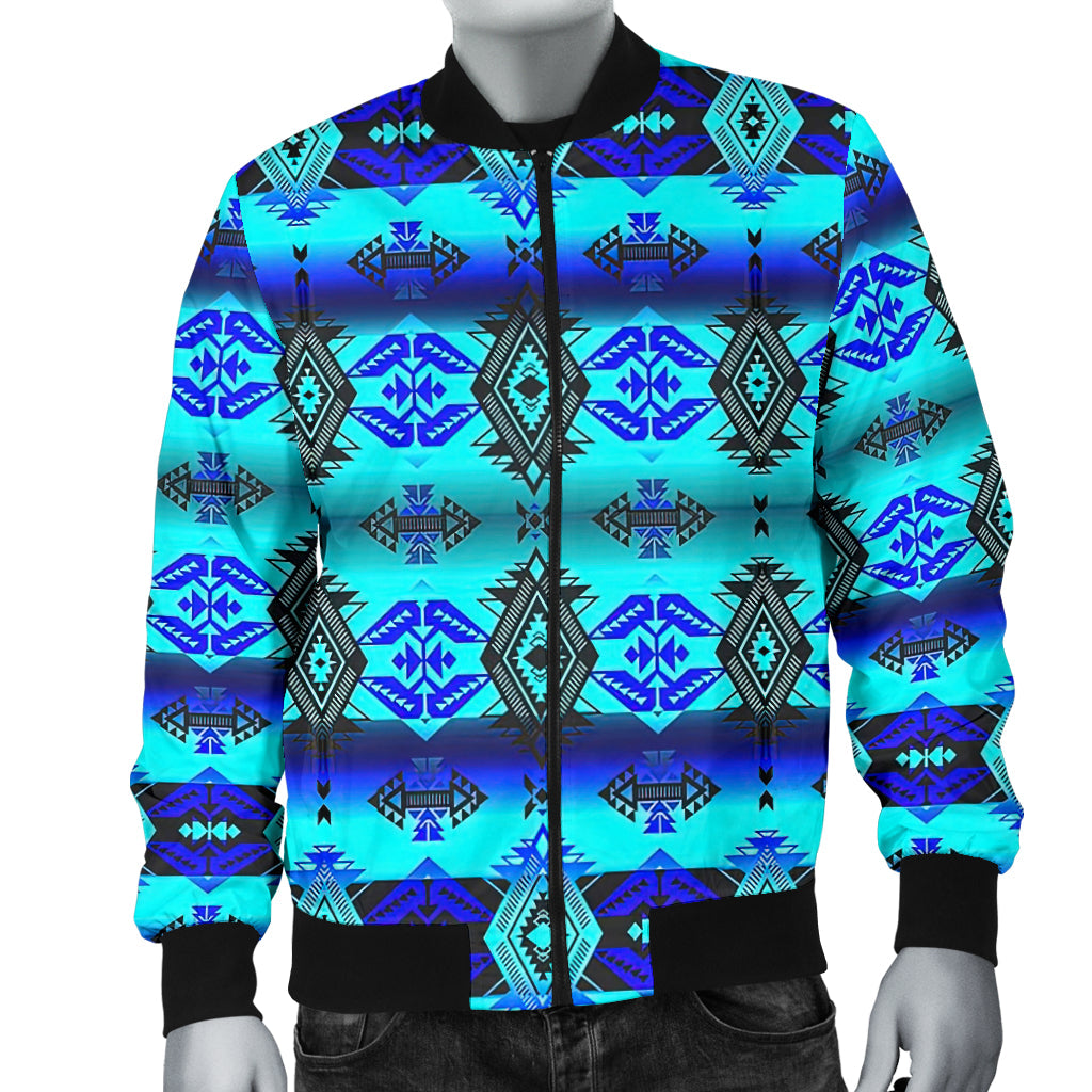 Front view men's bomber jacket, teal-blue Aztec print panel, black zip placket