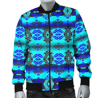 Front view men's bomber jacket, teal-blue Aztec print panel, black zip placket