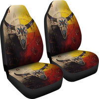 Front seat cover pair with bison head and medicine wheel pattern, multicolor