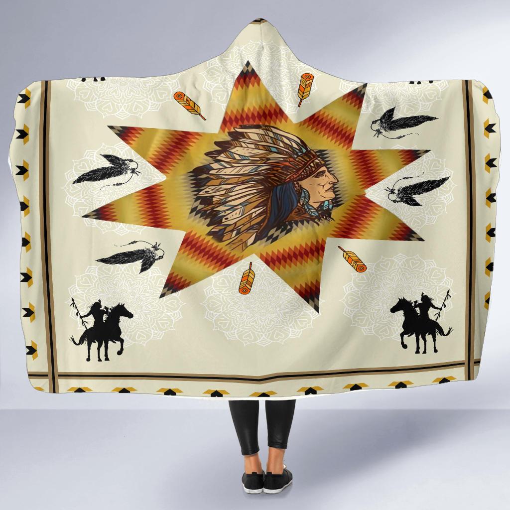 Native hooded blanket with chief starburst, horses, arrows, and black feathers