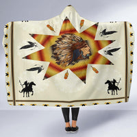 Native hooded blanket with chief starburst, horses, arrows, and black feathers