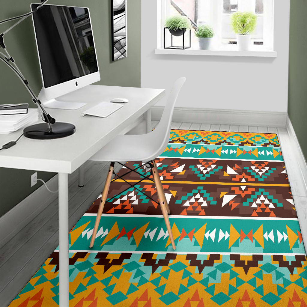 Colorful tribal area rug with teal, orange, and brown geometric panel stripes