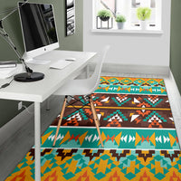 Colorful tribal area rug with teal, orange, and brown geometric panel stripes