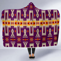 Purple hooded blanket with Native-style geometric print and hood, centered front view