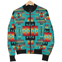 Wonder Print Shop bomber jacket on hanger, teal multicolor tribal pattern, zip front