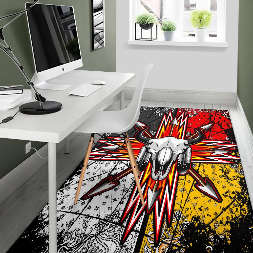 Area rug with bison skull and arrowburst pattern, red/yellow/black Native graphic