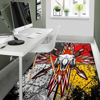 Area rug with bison skull and arrowburst pattern, red/yellow/black Native graphic
