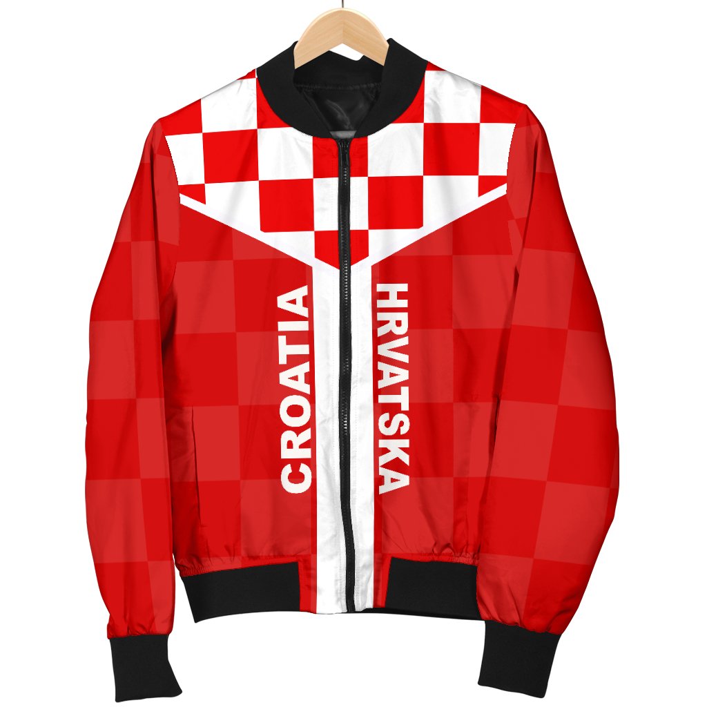 Red check bomber jacket on hanger with black ribbed cuffs and full front zipper closure
