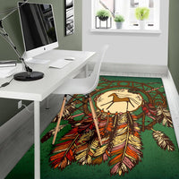 Green horse pride area rug under home office desk, multicolor feather headdress and frame