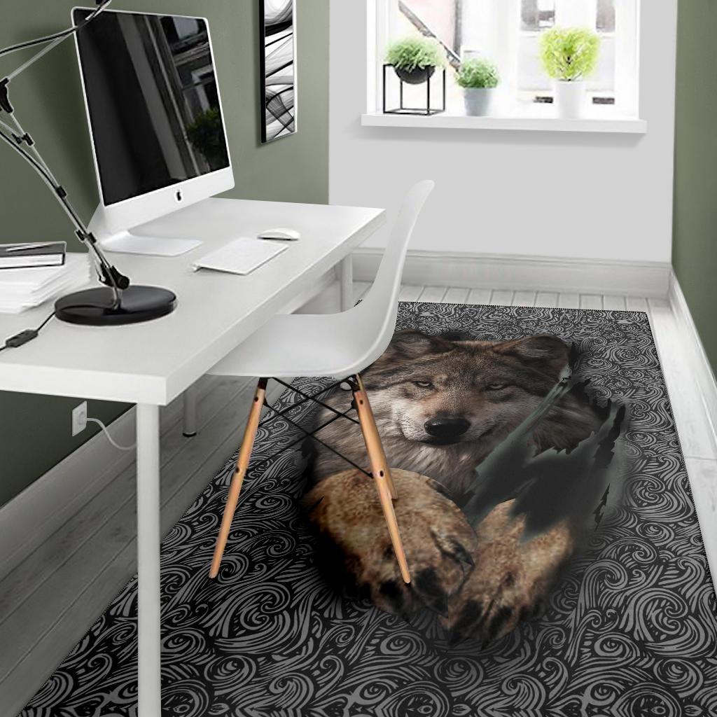 Wolf area rug with dark swirl pattern and wolf image, suited for home office space