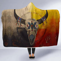 Native American hooded blanket with bison skull center and multicolor medicine wheel print