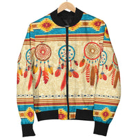 Multicolor dreamcatcher bomber jacket hanging on hanger, full front feather-and-tribal print