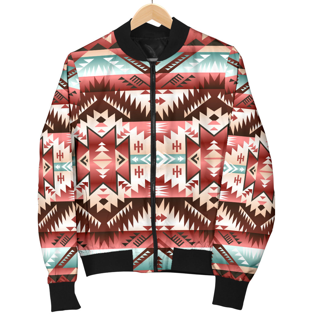 Women’s bomber jacket on hanger, full-zip front, red/teal/white geometric print, black ribbed collar