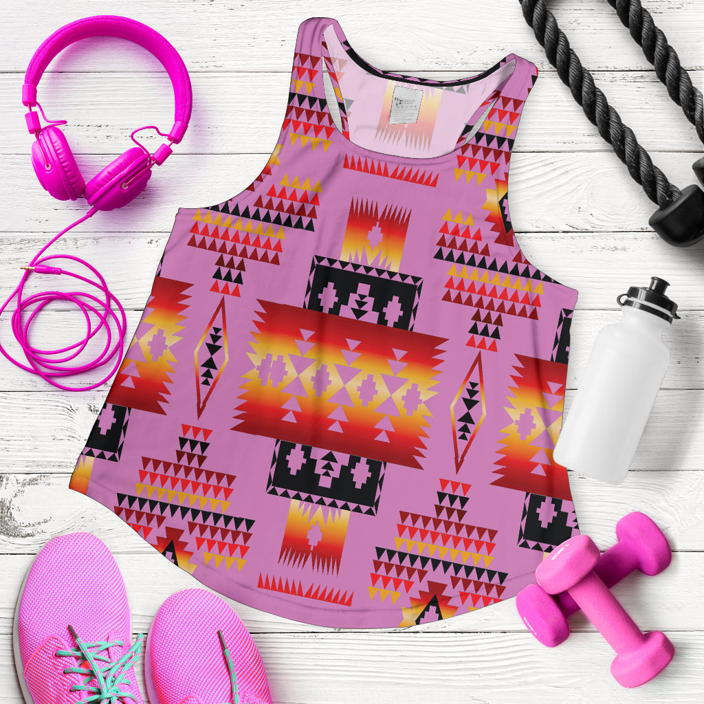 Flat-lay pink racerback tank with multicolor tribal geometric print
