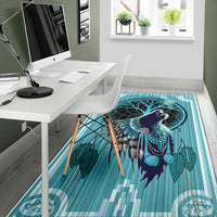 Teal dreamcatcher wolf chief rug design with blue-green feathers and teal plaid border
