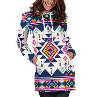 Multicolor geometric hoodie dress close-up: hood drawstrings and kangaroo pocket