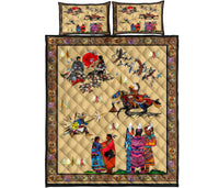 Multicolor Native American quilt bed set with large central scene, border medallions, and figures